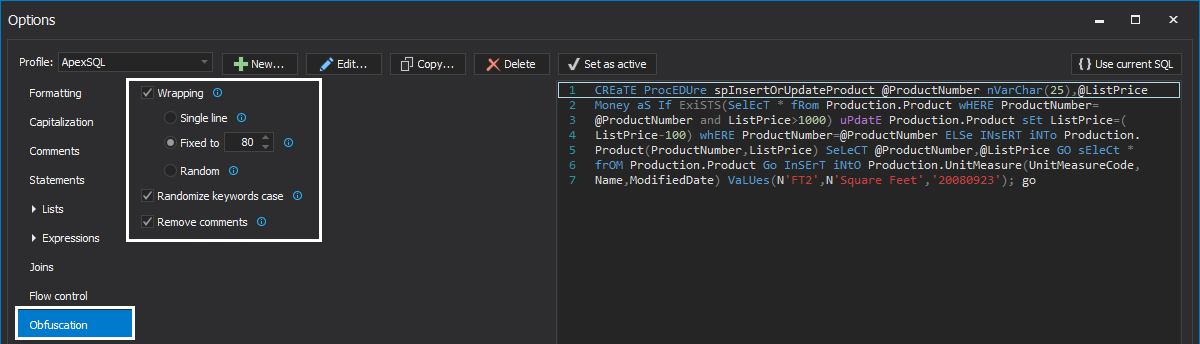 ApexSQL Refactor Objects obfuscation