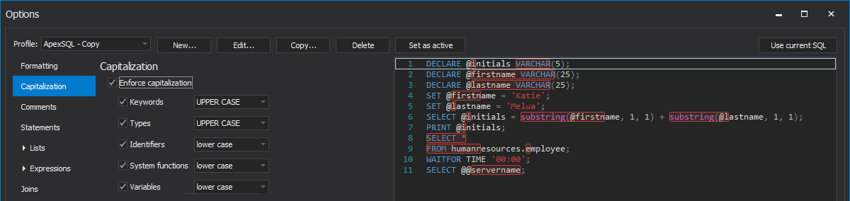 ApexSQL Refactor casing keywords