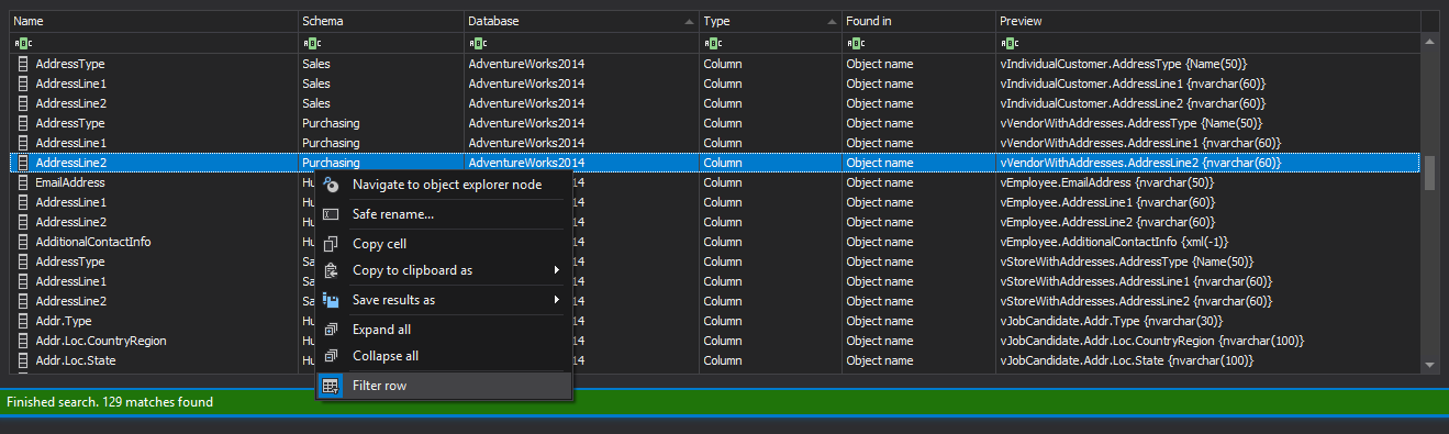 Filter data in results grid