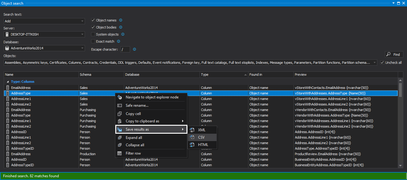 Export data from results grid