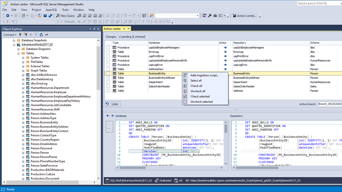 Action center for managing conflicts and commits