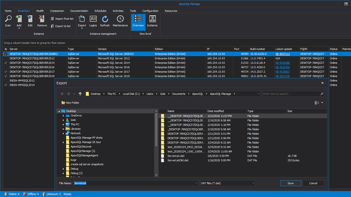 Export selected SQL Server instances to a list