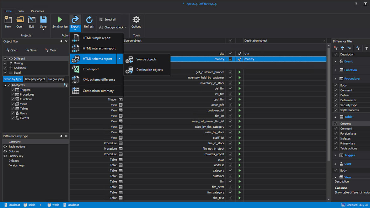 Exporting comparison results into different output types