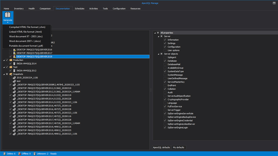 Generate documentation for selected SQL Servers and snapshots