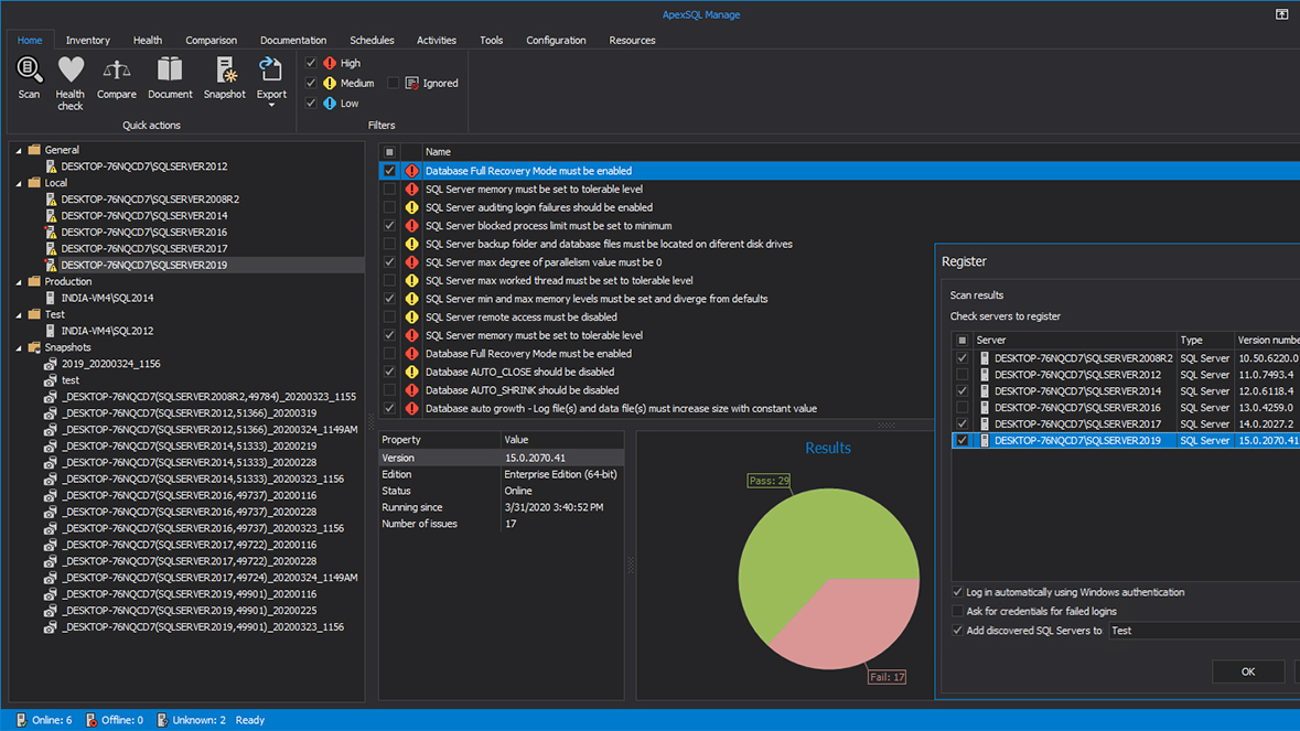 Register discovered SQL Server instances and services