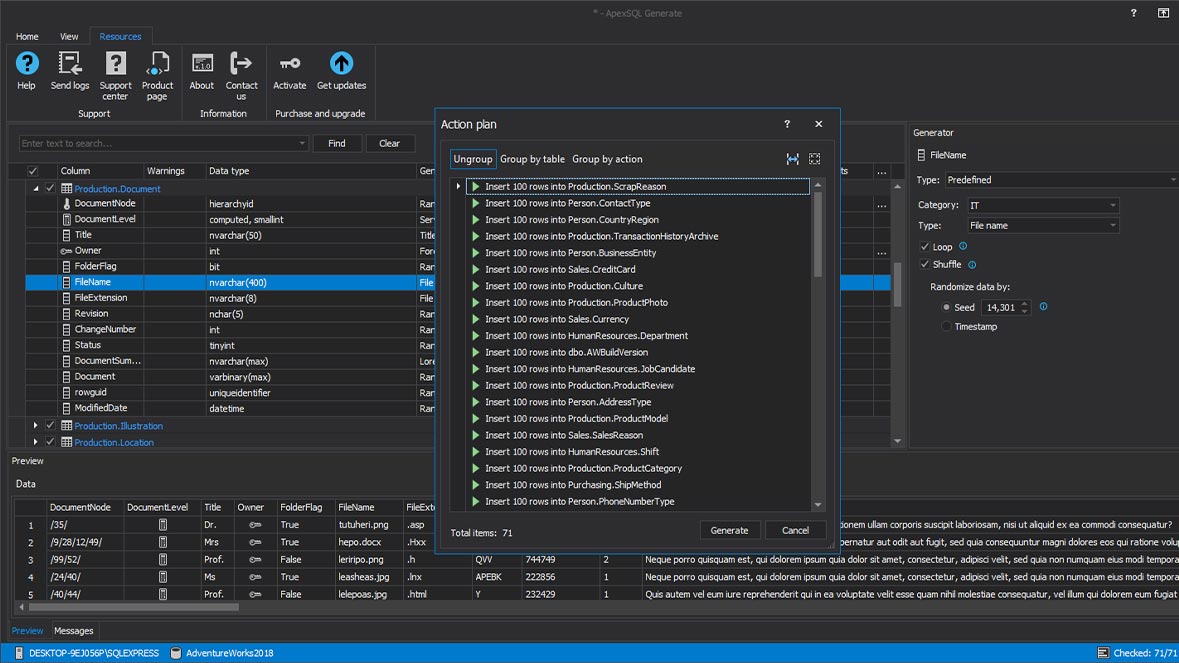 Action plan to generate and insert rows of test data