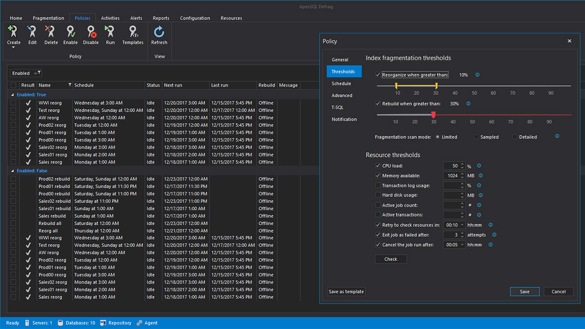 Automation of SQL index defragmentation with policies