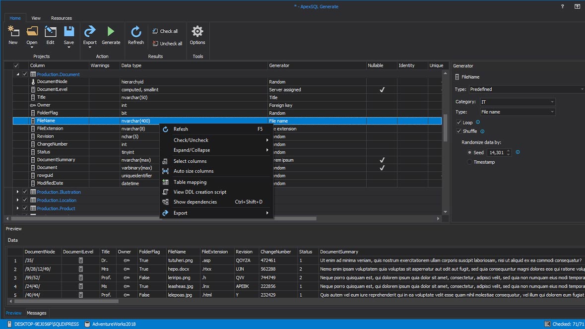 Column level test data plan configuration