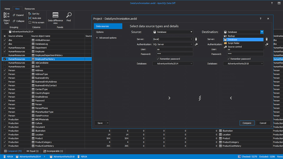 Data comparison data source configuration