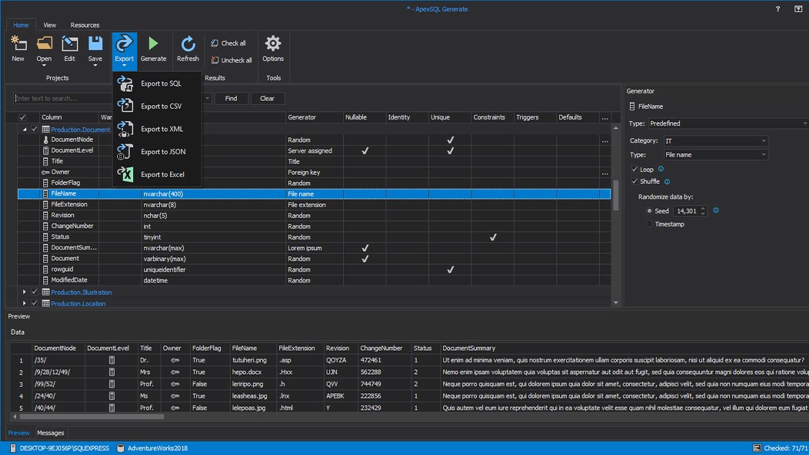 Data generation result exports