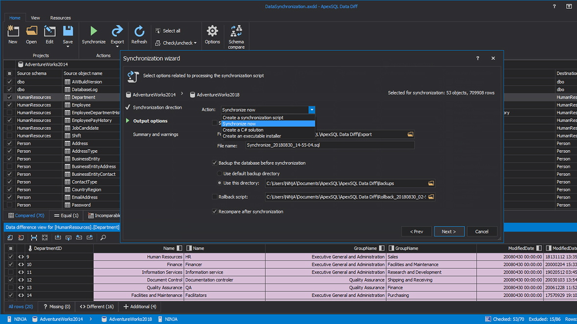 Data synchronize actions and configuration settings