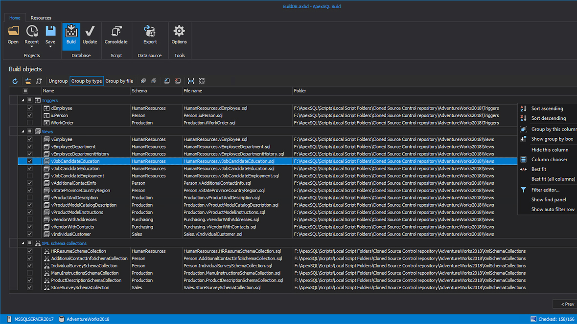 Database object creation from files selected from source control