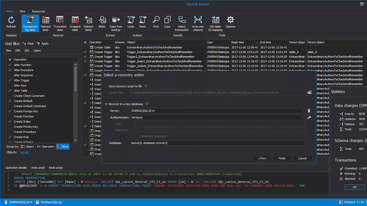 Database recovery options and actions