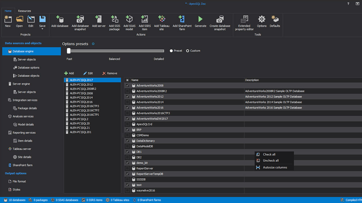 Database selection for documentation