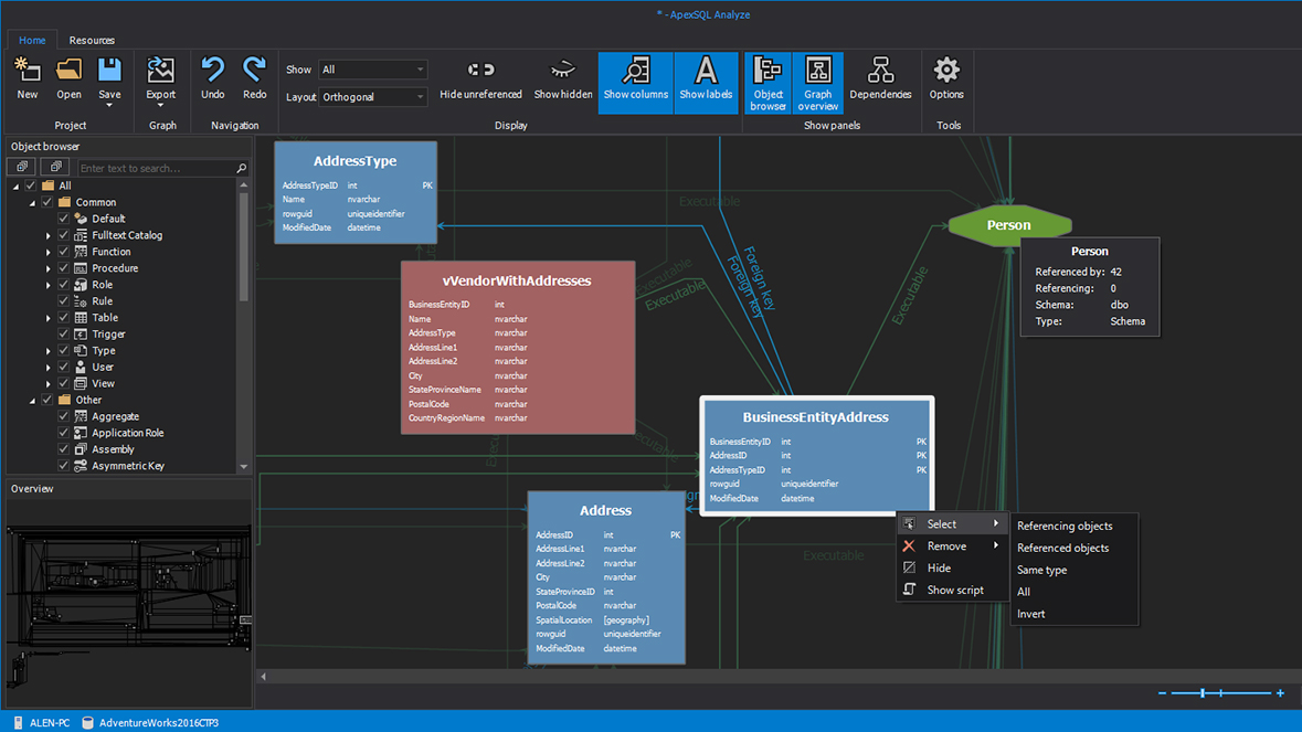 Dependency diagram object context menu