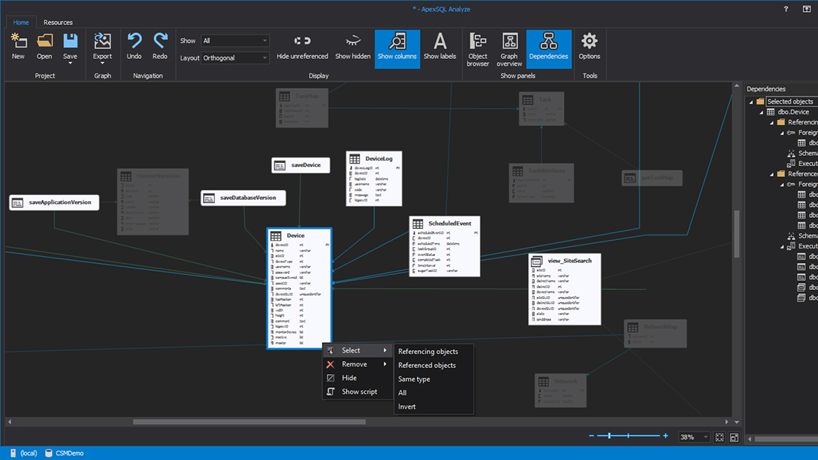 Dependency diagram object selection