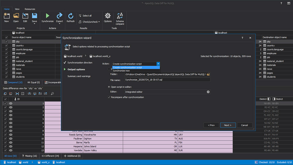 Different configuration and action settings for the MySQL data comparison