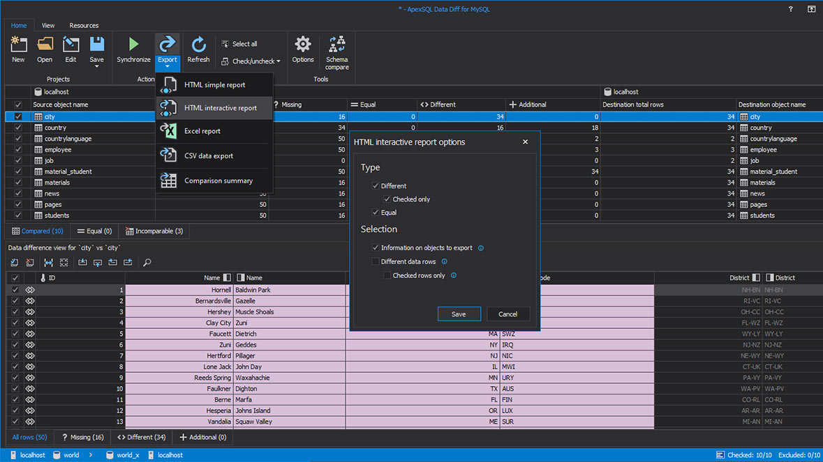 HTML export report settings for MySQL data differences