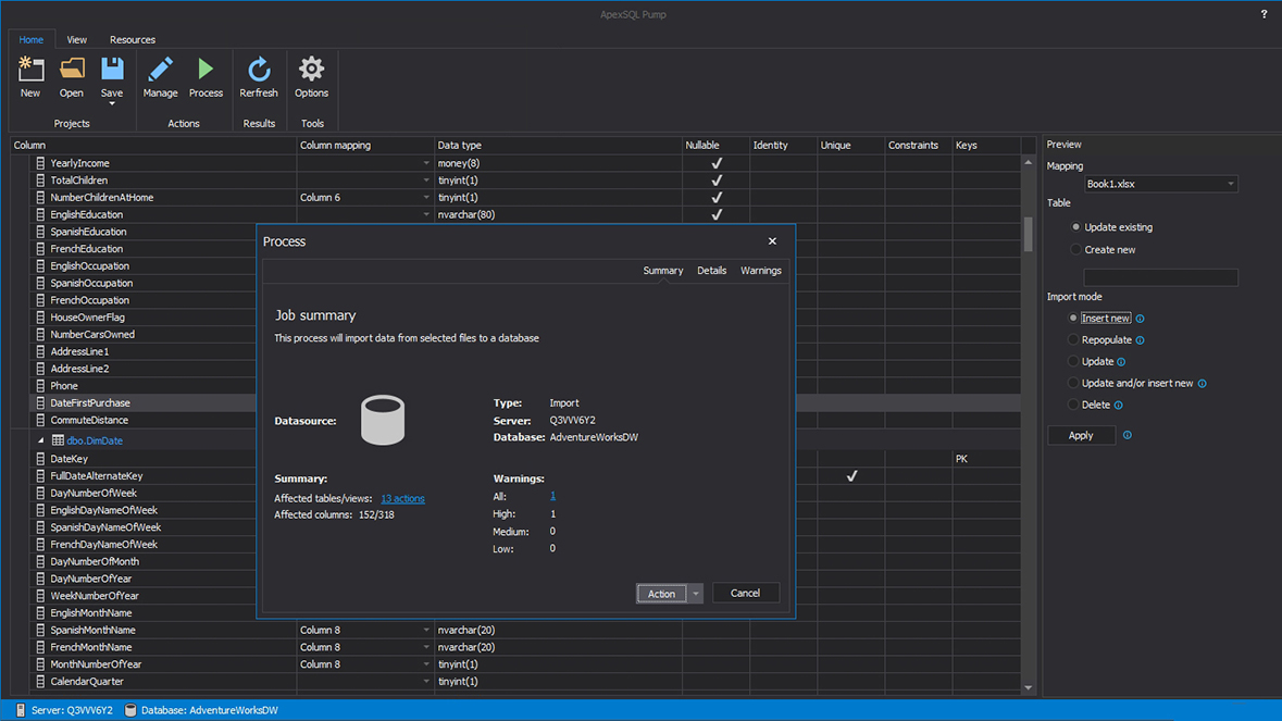 Job summary prior to importing data