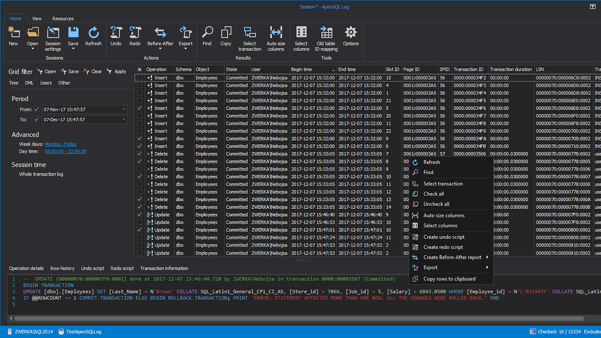 Main transaction grid