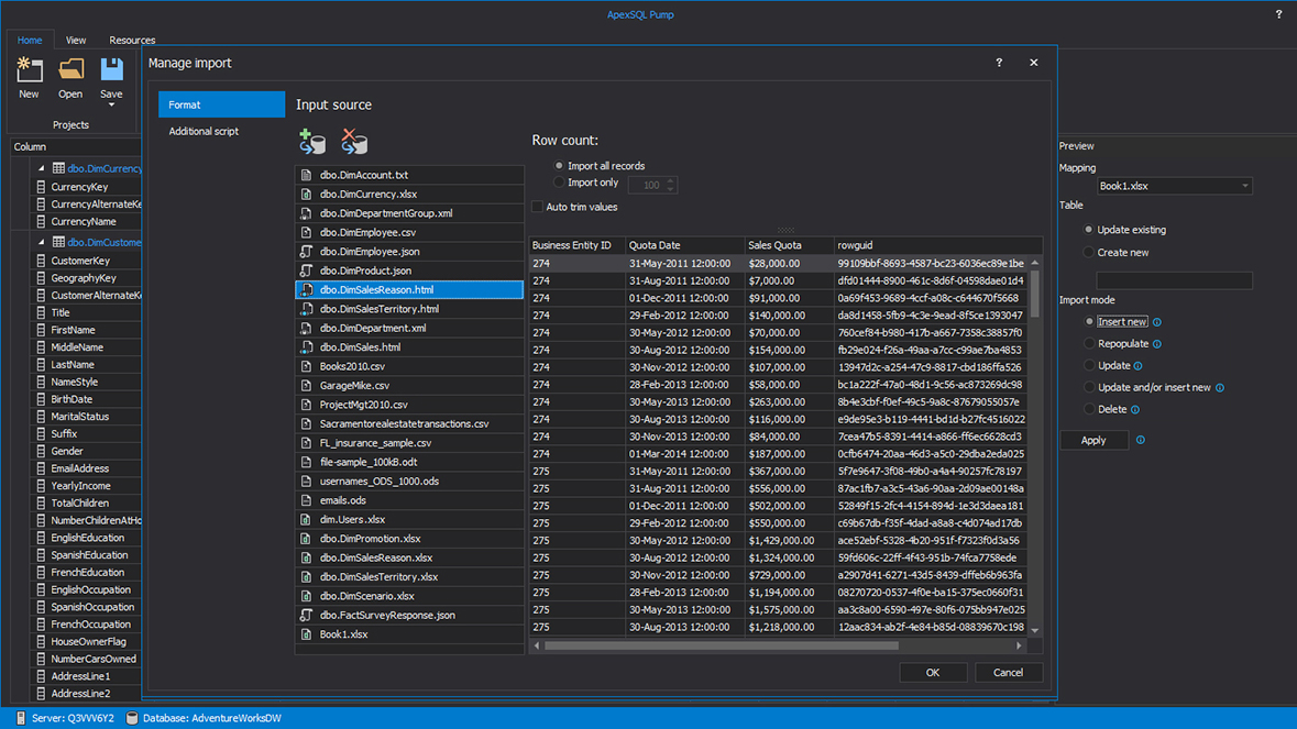 Manage and preview import data setting settings