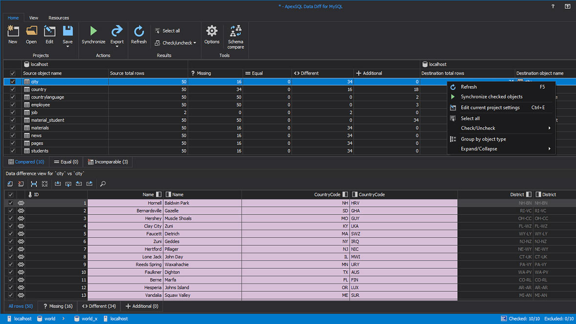 MySQL data comparison results in the main grid