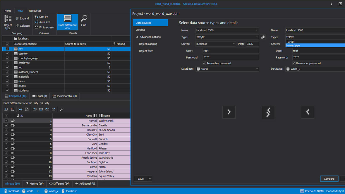 MySQL data comparison setup data sources window