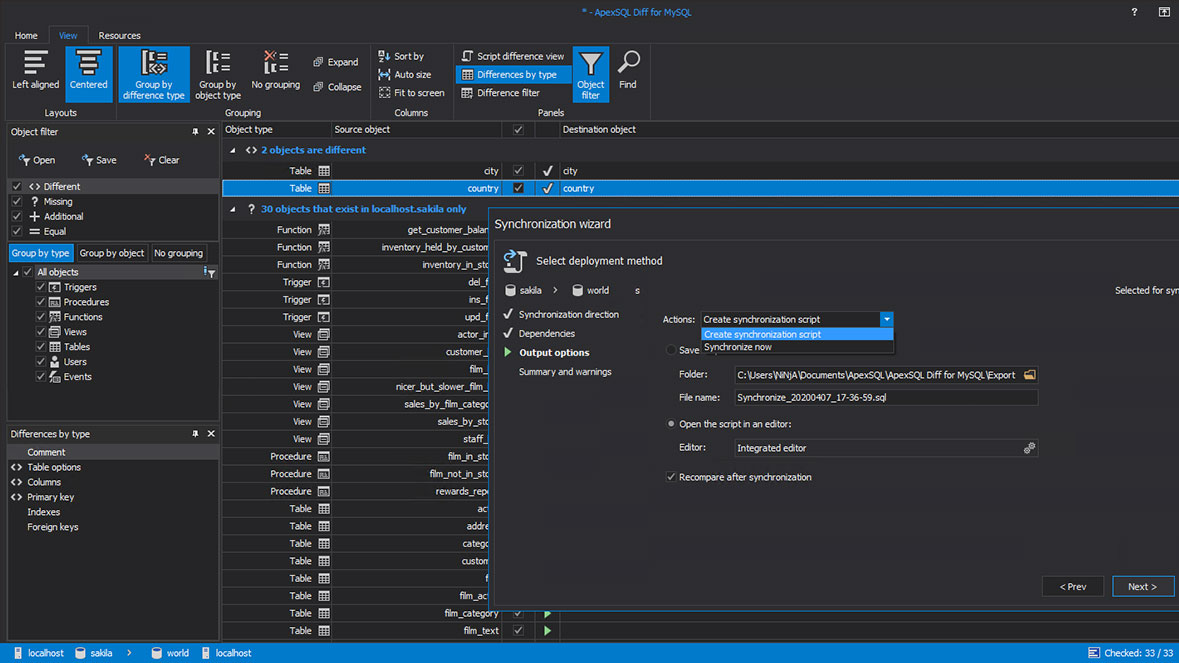 MySQL synchronization output options