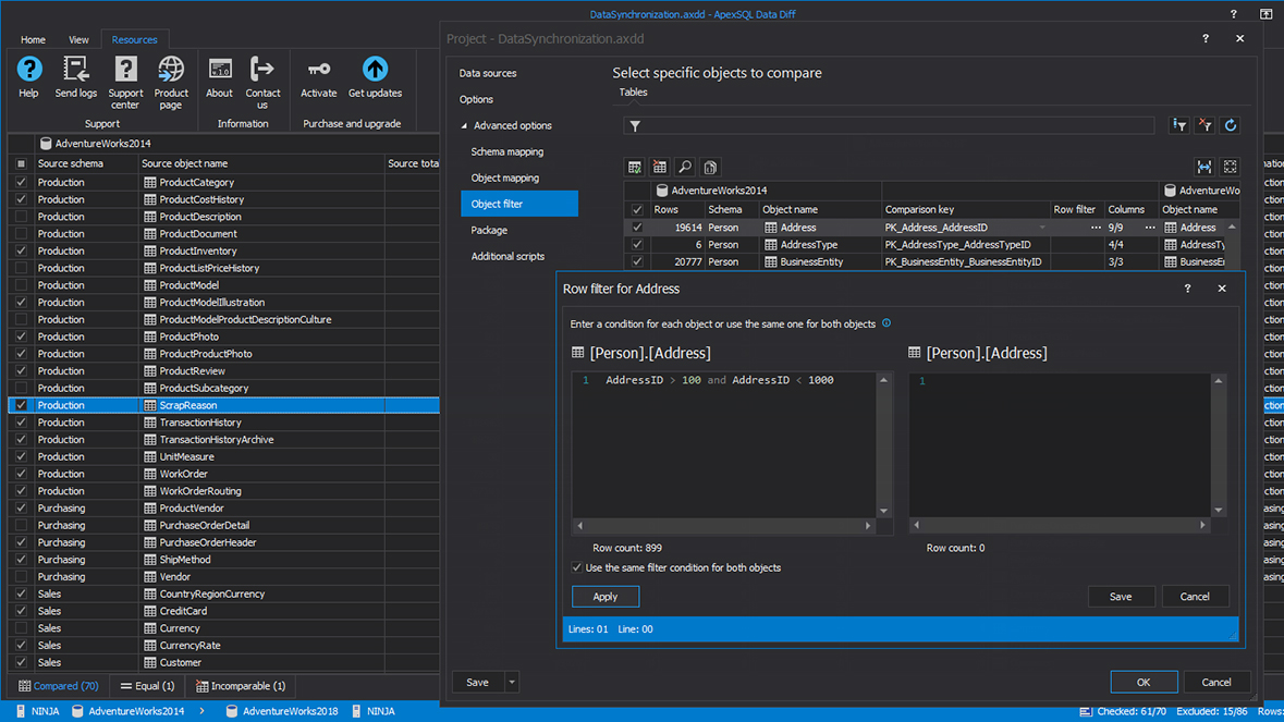 Object selection for data comparison