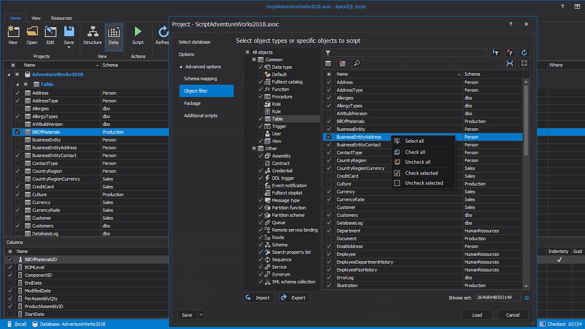 Object type and/or object selection