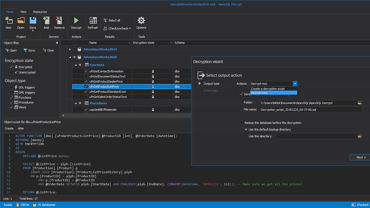 Output options to decrypt the objects