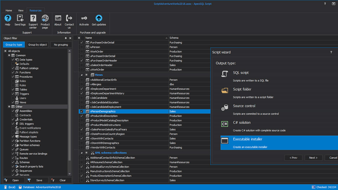 Output type options for database scripting