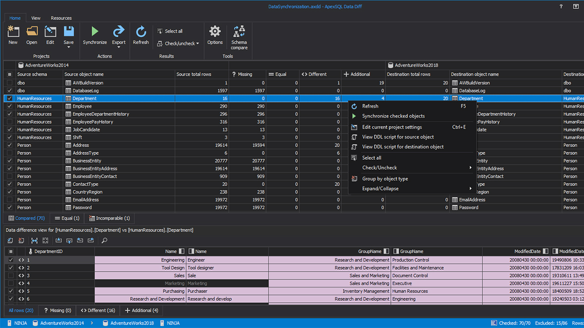 Overview of the main grid for data comparison