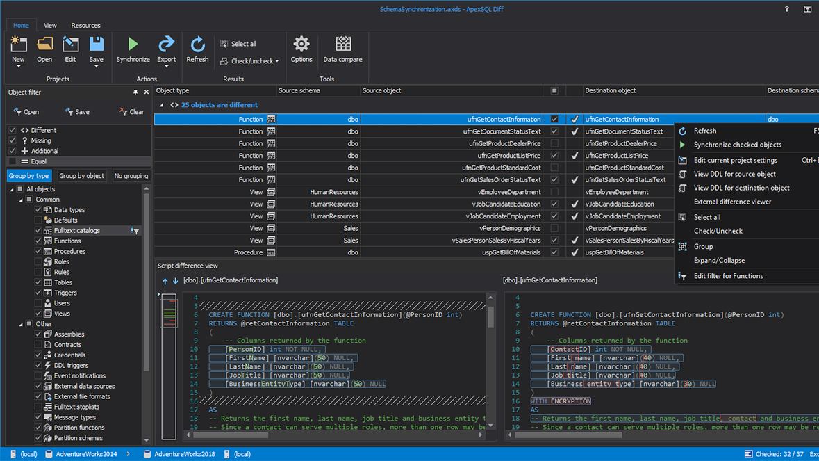 Overview of the main interface for database schema comparison