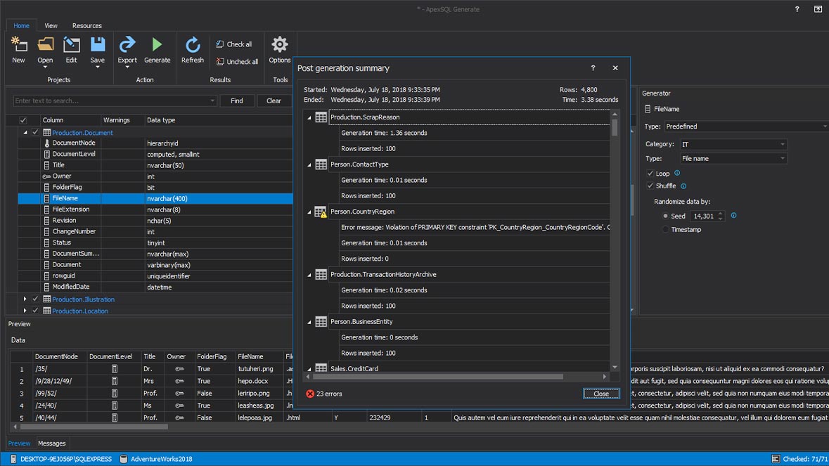 Post test data generation summary