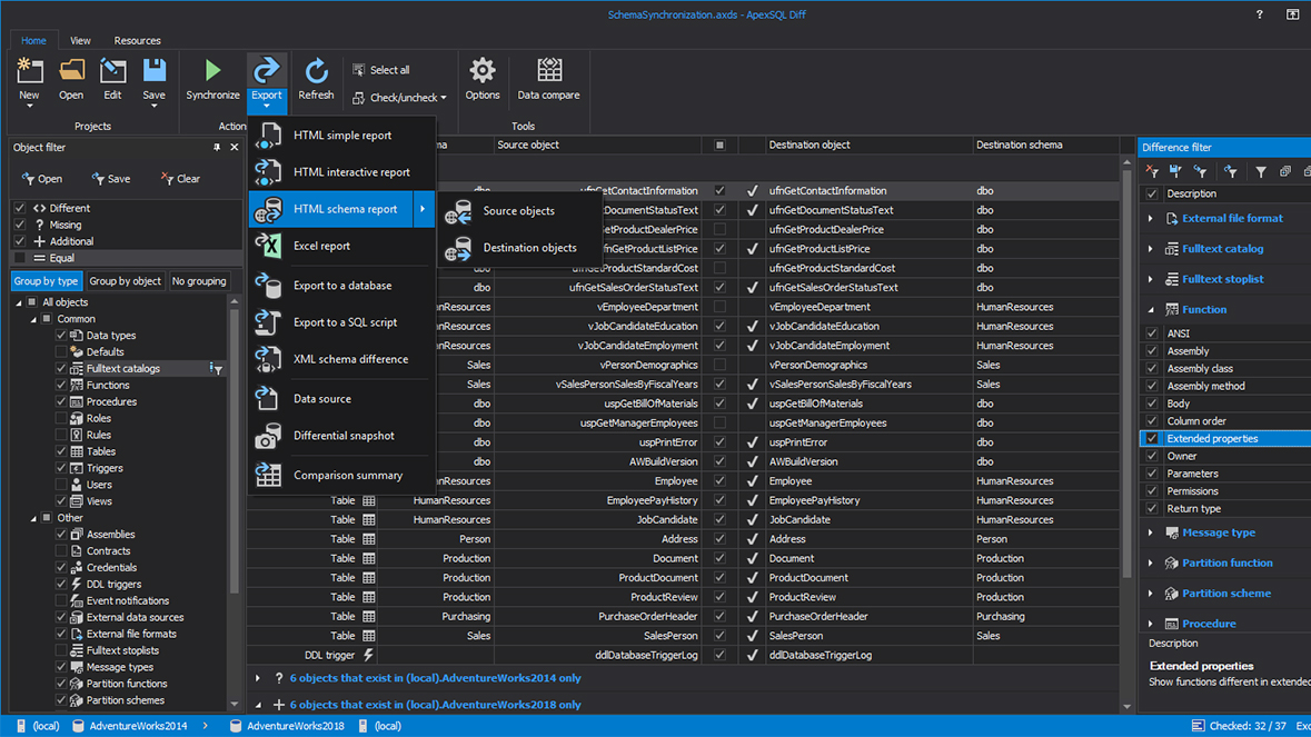 Reporting options for presenting database comparison results