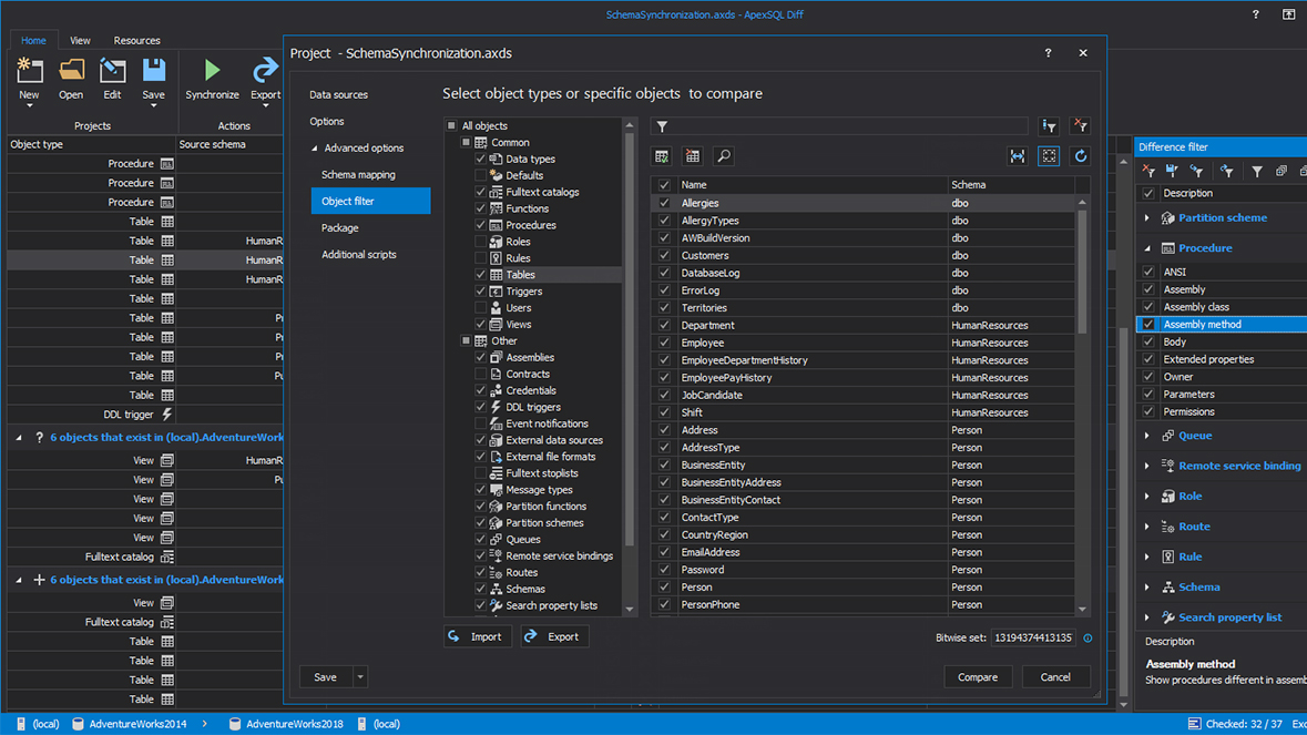 Schema comparison object type and/or object selection