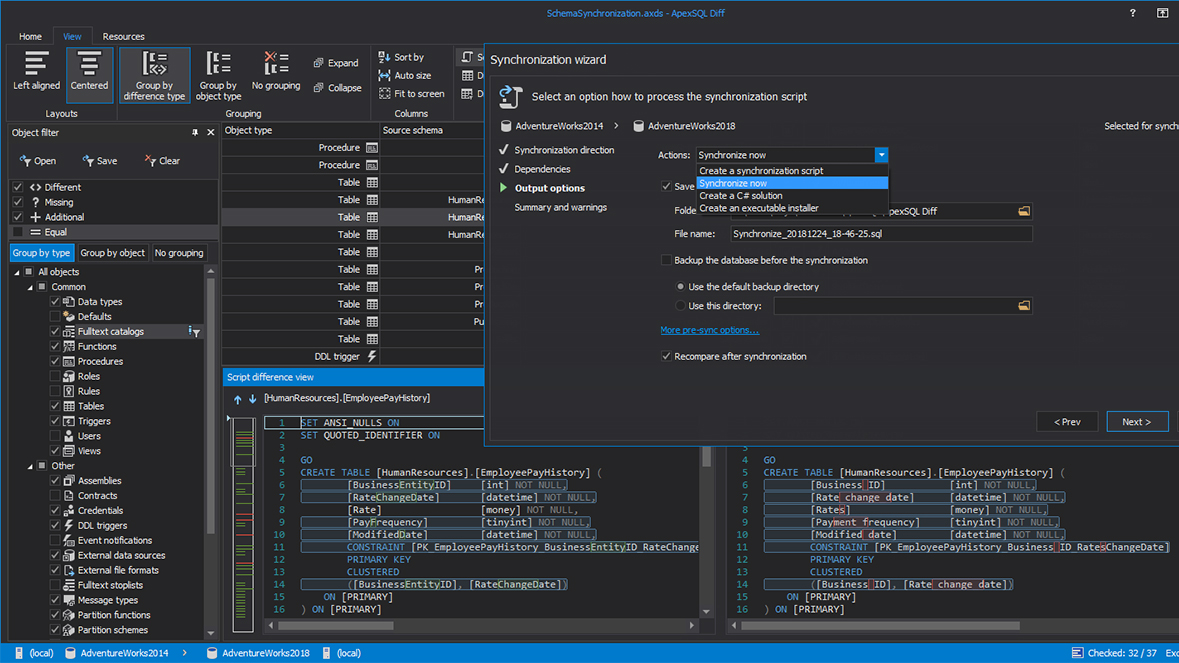 Schema synchronization options