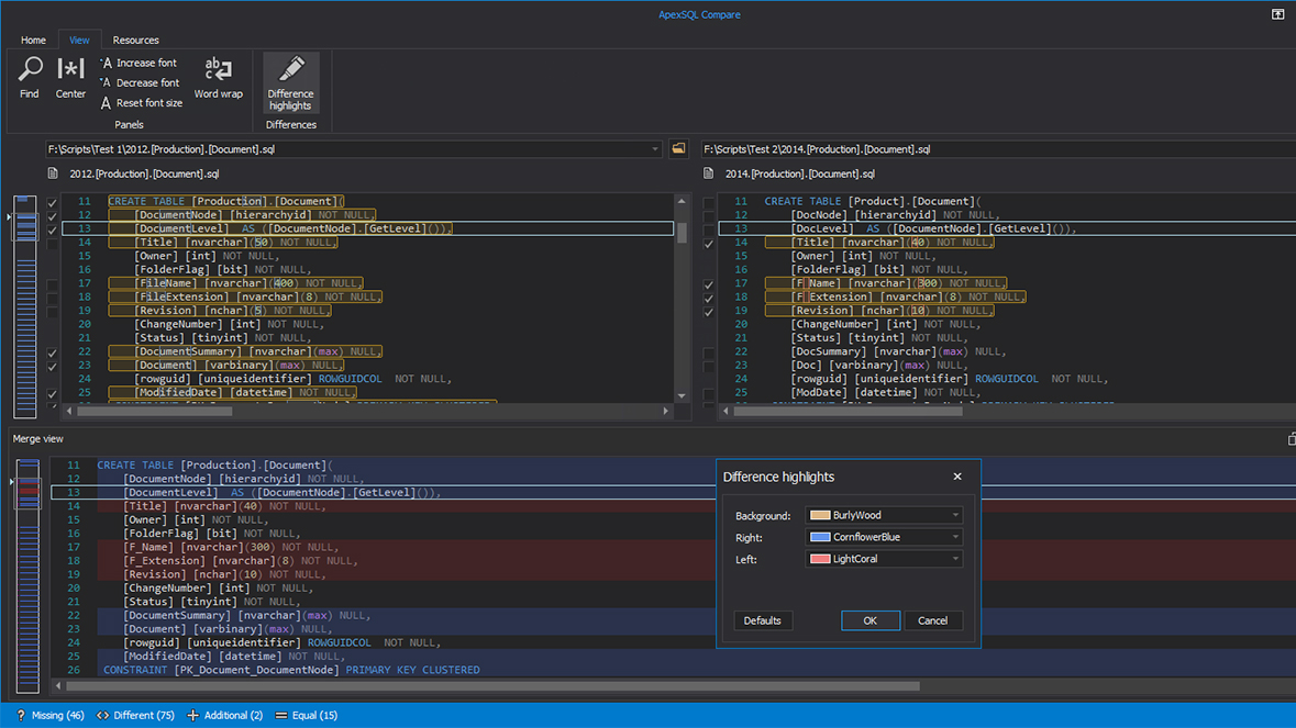 Scripted database object comparison