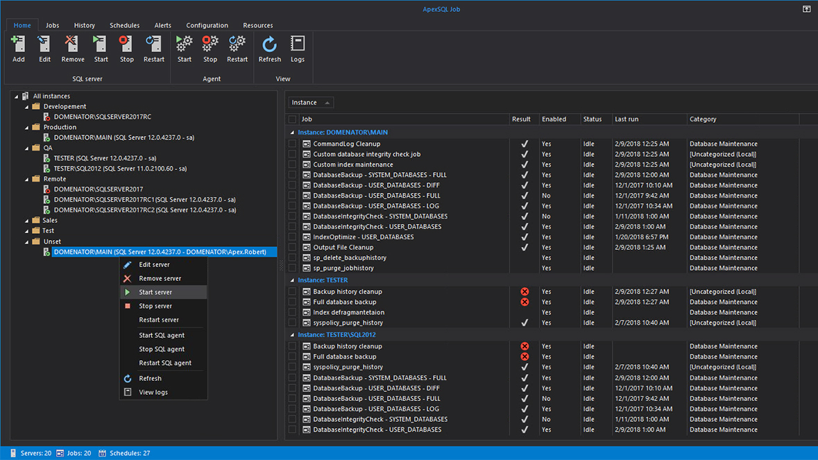 Server pane with multiple SQL instances organized in custom folders