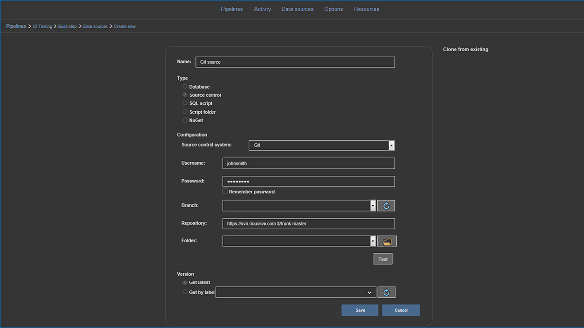 Source control data source setup and configuration