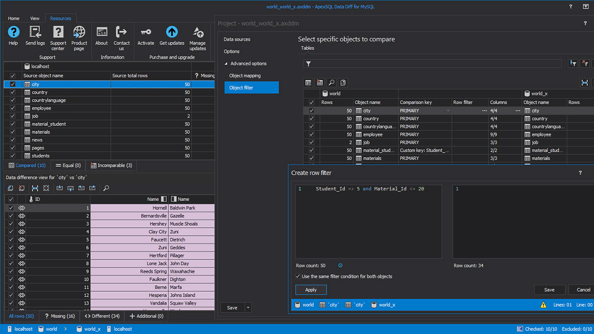 Specific object selection for MySQL data comparison