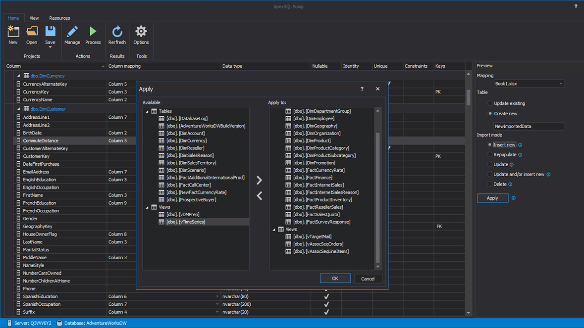 SQL import data options coverage