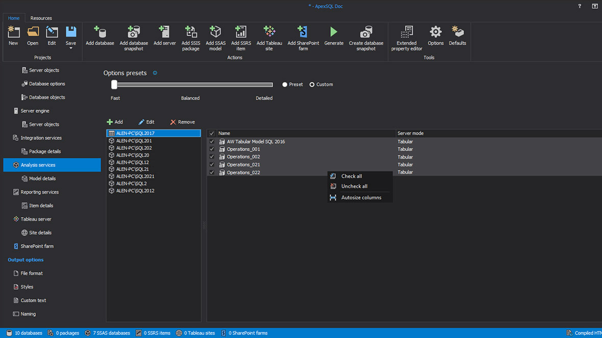 SSAS database selection for documentation