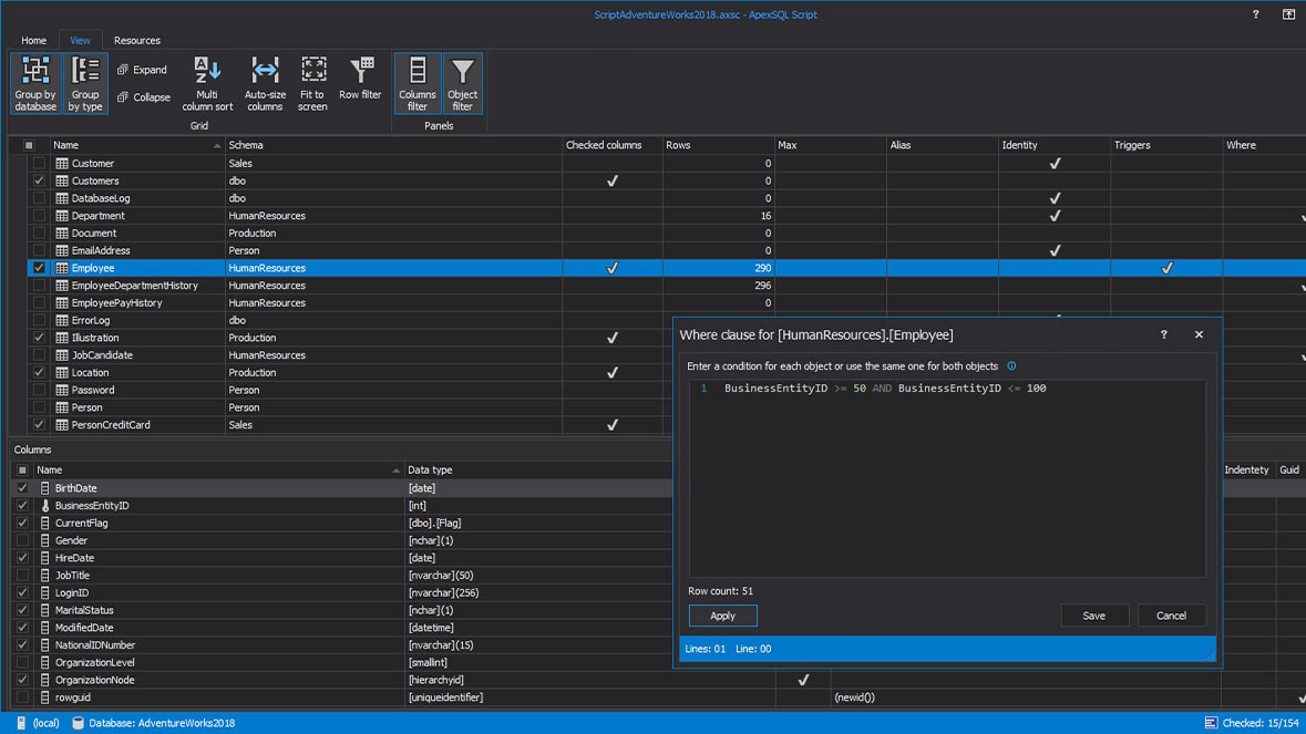 Where condition filters for limiting scripted rows